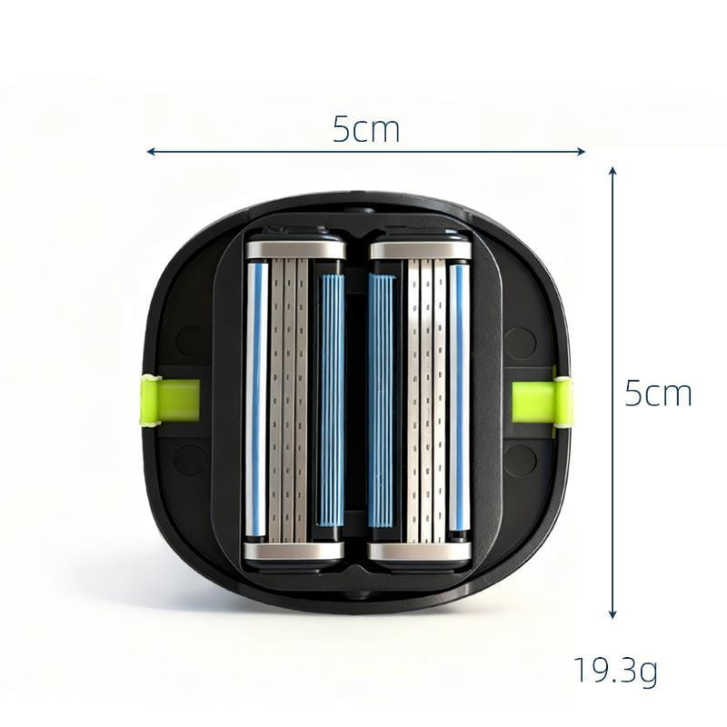 Afeitadora rectangular para arreglo de la calva de color negro, con dos cuchillas azules y plateadas, y clips laterales de correa para el dedo de TPU verde lima.