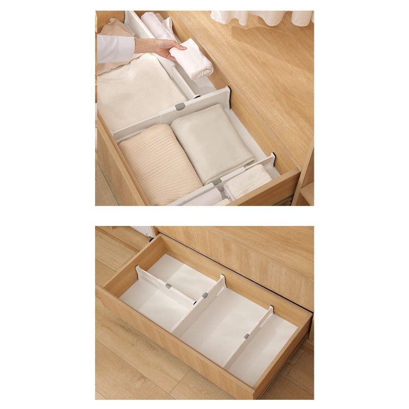 cloison de tiroir en plastique blanc avec compartiments coulissants réglables pour trier soigneusement le linge plié et organiser le rangement.