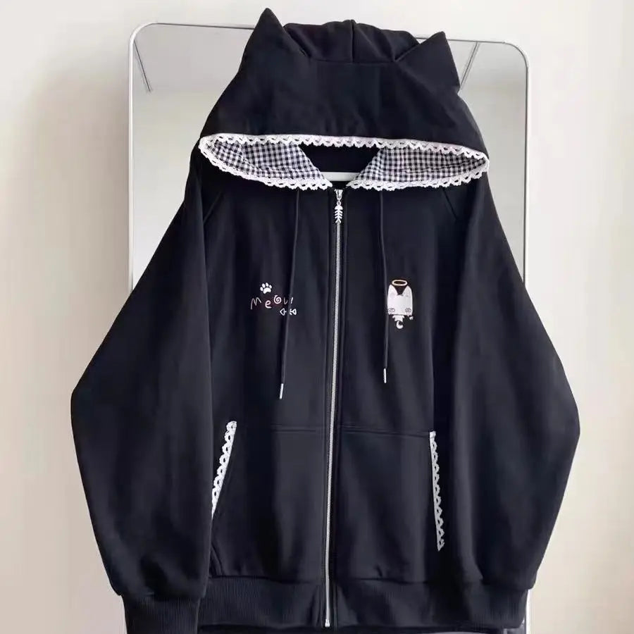 Mujer Japanese Cute Hoodies Coats Cute Cat Print Hooded Sweatshirts Y2K Tops Women Clothing Casual Zipper Loose Hoodie