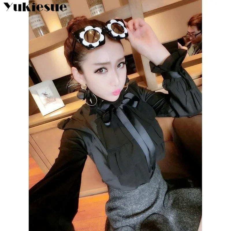 Elegant Women's summer blouses fashion new casual woman tops women 2025 White shirt blouse blusas ruffless bow long sleeve top