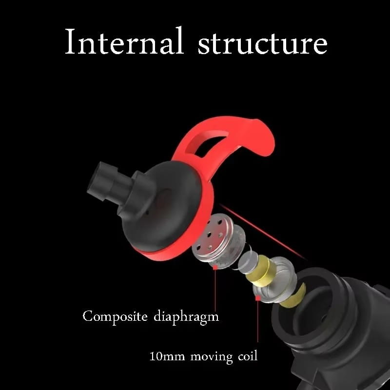 Wired gaming earbuds with mic for mobile and console featuring a red and black composite diaphragm with a 10mm moving coil shown in an exploded view of its internal structure.