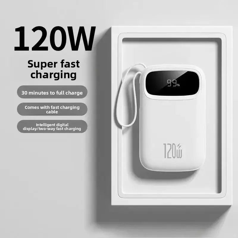 White 120w fast charging portable charger with 20000mah capacity, digital display showing 99 percent charge, and built-in wrist strap in lavender product line.