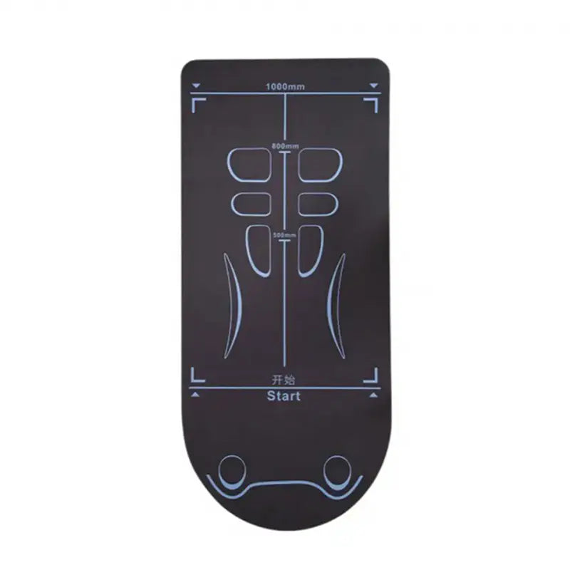 Black rectangular abdominal wheel mat with light blue measurement markings and start label made of non slip TPE material designed for ergonomic posture correction during fitness exercises.