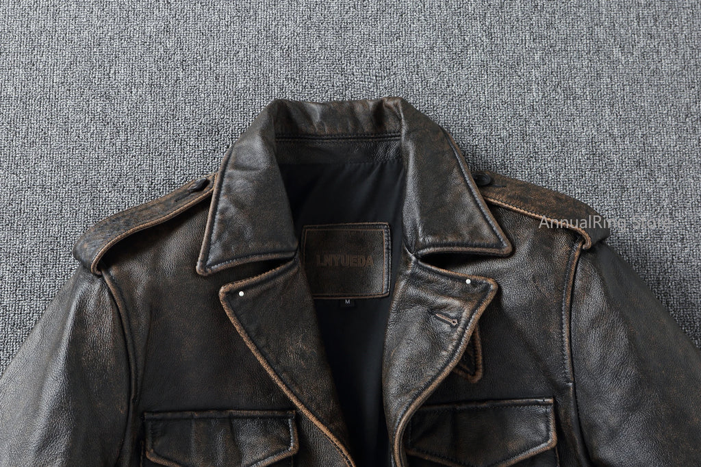 Classic M43 Trench Coat Cowhide Military Genuine Leather Jacket Medium and Long Multi-pocket Mens Vintage Leather Jacket