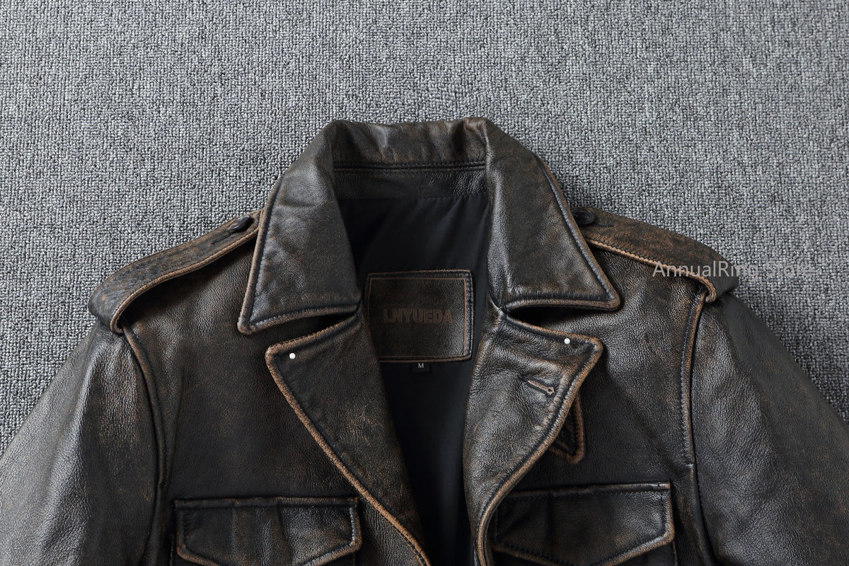 Classic M43 Trench Coat Cowhide Military Genuine Leather Jacket Medium and Long Multi-pocket Mens Vintage Leather Jacket