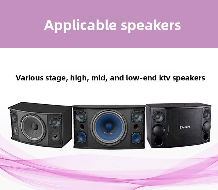 three black ellenpro ktv speakers with distinct driver configurations and blue accents on the central speaker featuring 5-way speaker crossover for high power ktv stage audio.