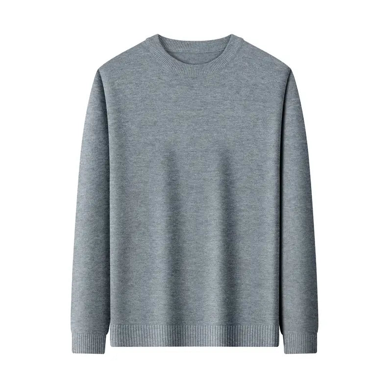 Klassischer Herren-Strickpullover mit Rundhalsausschnitt aus grau meliertem Rippstrick mit rundem Halsausschnitt und gerippten Bündchen.