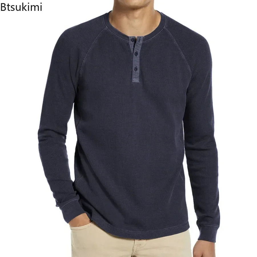2026 Men's Long Sleeve Waffle T-shirts Fashion O-neck Bottoming Shirts Male Solid Button Casual Tops Soft Versatile Men's Shirts