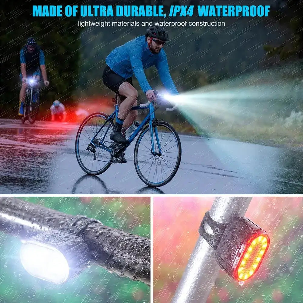 Usb rechargeable led bicycle light set featuring a blue bicycle equipped with waterproof front white light and rear red led taillight designed for rainy conditions.