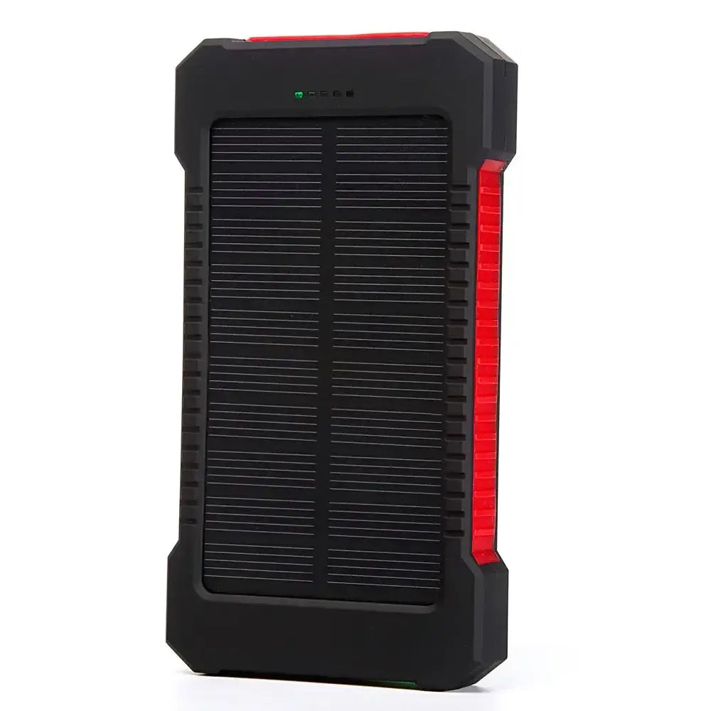 Black and red rugged 20000mAh solar power bank with textured edges, solar panel, dc5v dual USB ports, and a visible led indicator.