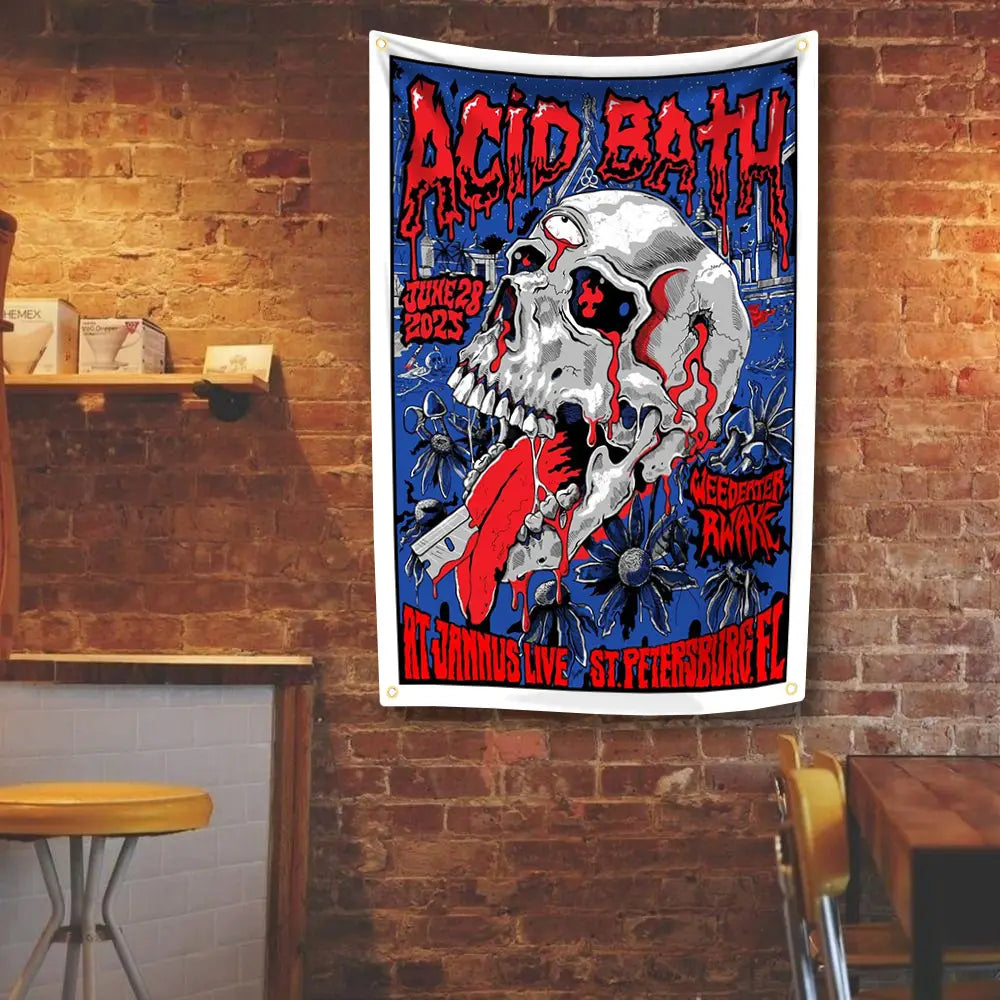 individuelle Polyester-Tapetenwandbehang-Kunst mit einem lebendigen Blau- und Rot-Design, mit einem detaillierten weißen Schädel mit blutähnlichen Tropfen sowie einer Schriftzug-Charakter-Schrift vor urbaner Kulisse