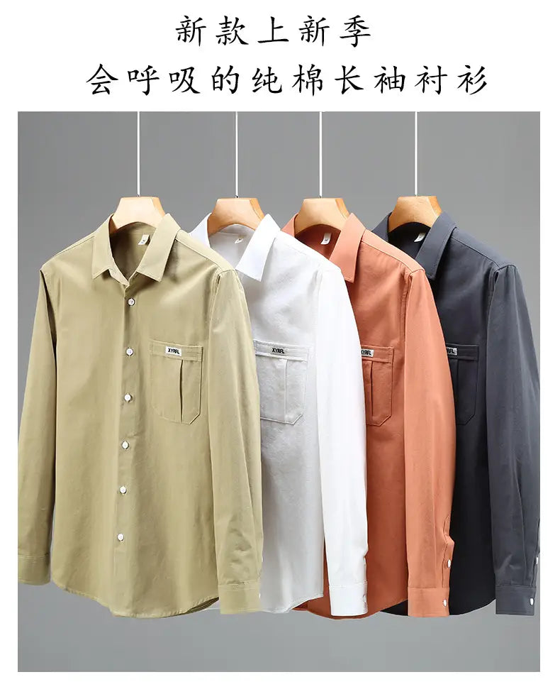 A collection of men cotton long sleeve cargo shirts in beige white terracotta and navy blue featuring minimalist casual design.