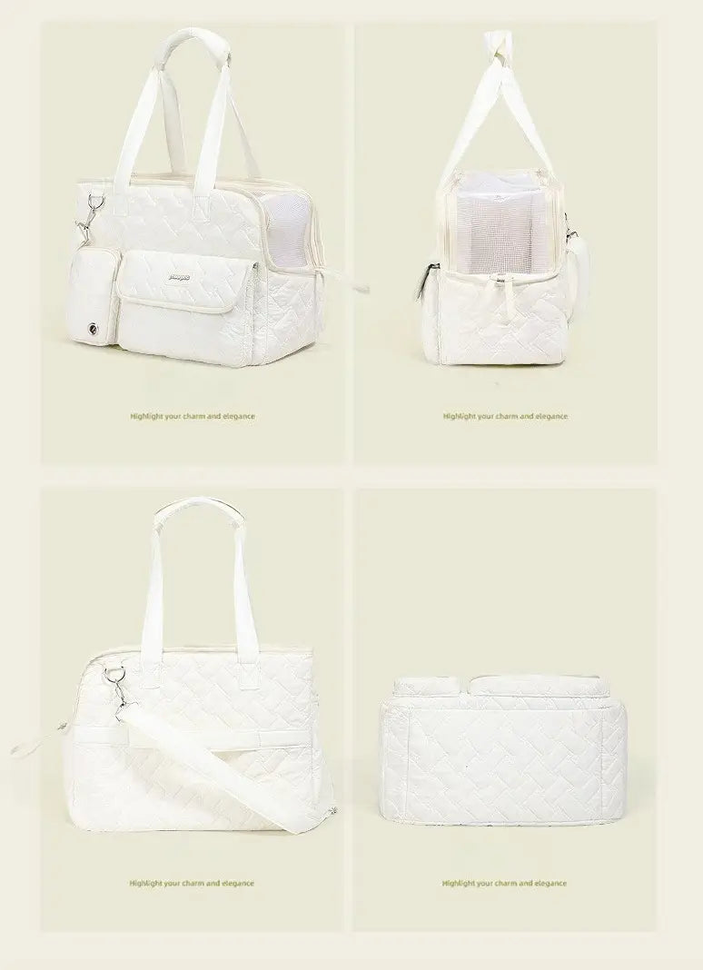 Bolsa transportín acolchada blanca para mascotas con asas a juego y bolsillo frontal, diseñada como bolsa transportín para gatos y perros pequeños