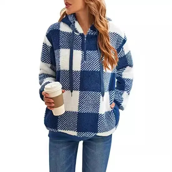 Women Plaid Sweatshirts Casual Hoodies Fuzzy Patchwork Long Sleeves Loose Fit Slight Strech Thick Office Lady Retro Hooded