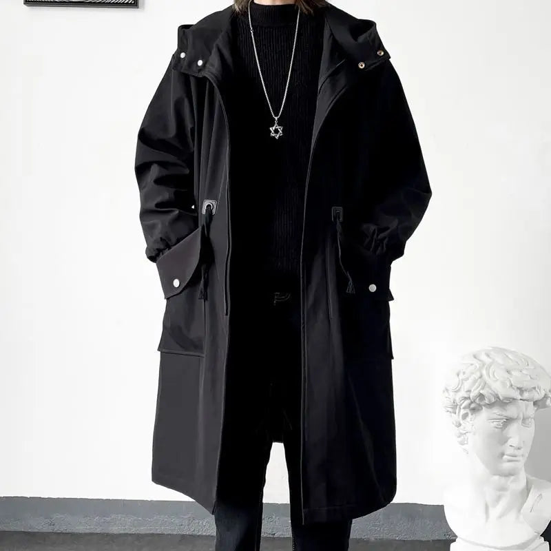 KIDWHXR Men Trench Coat Spring Autumn Mid-length Hooded Casual Male Windbreaker Fashion Simlpe Solid Color Pocket Man Outerwear