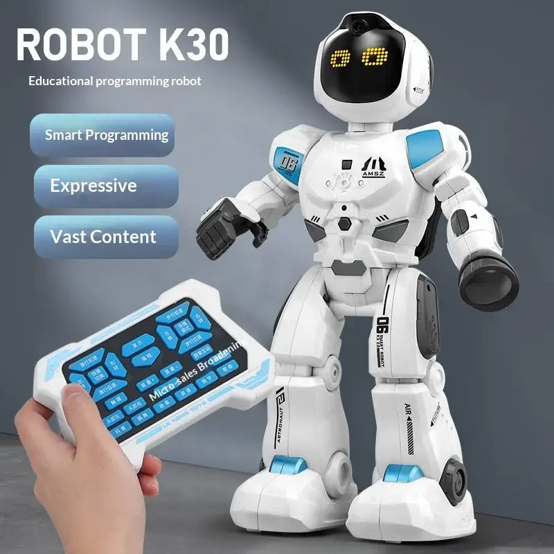Interactive robotic dog toy with voice control in white and blue with black accents featuring a digital face display and articulated limbs.