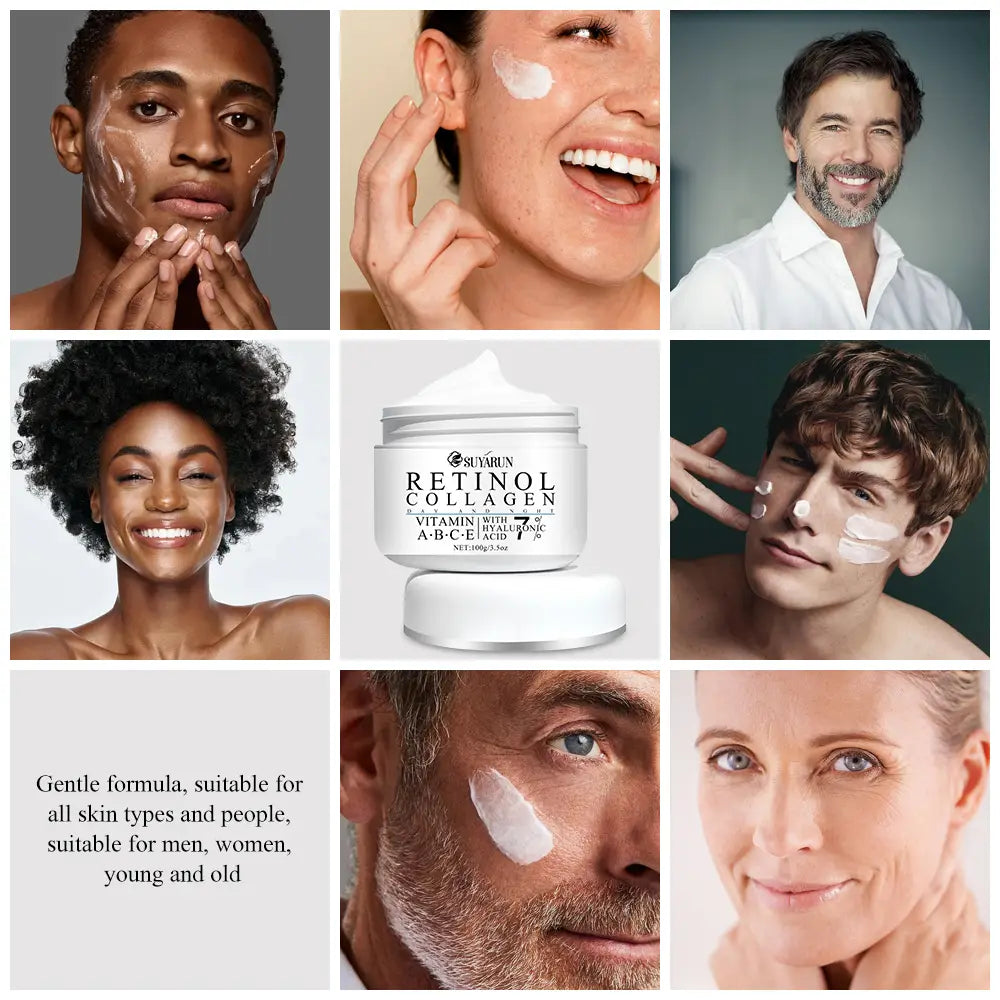 Frasco blanco de la crema de retinol y colágeno de Suyarun con tapa plateada y texto negro en la etiqueta, diseñada para el cuidado de la piel con manteca de karité para nutrir la piel delicada.