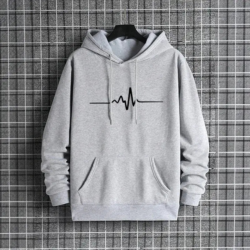 Herren-Winter-Casual-Grauer Kapuzenpullover mit schwarzer Herzschlag-Liniengrafik über die Brust.