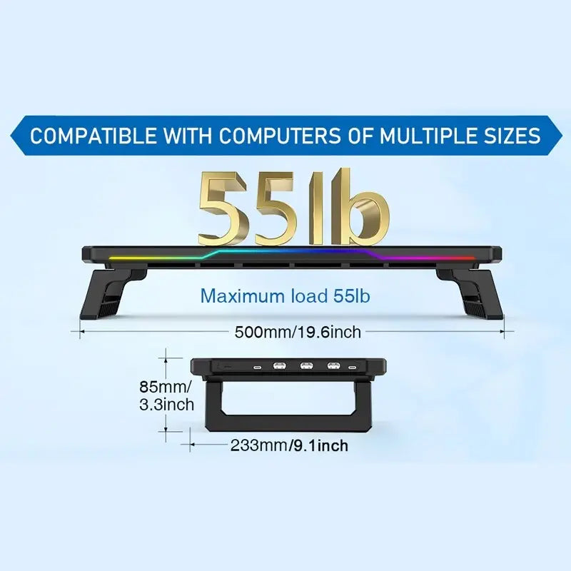 Soporte para monitor de computadora negro fabricado con material resistente, con altura ajustable, tira de iluminación RGB a lo largo del borde superior y carga inalámbrica con voltaje del puerto de entrada para una funcionalidad mejorada.