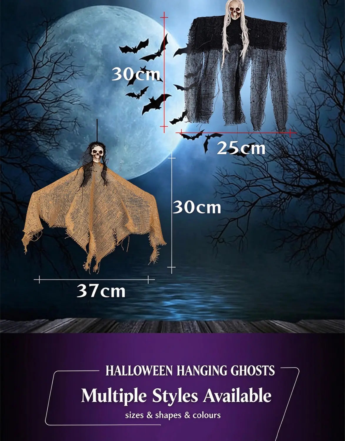 hängender Geist Halloween-Schreck-Accessoire mit Totenkopf-Gesicht und zerschlissenem beigen sowie schwarzem Stoffumhang, gestaltet für die unheimliche saisonale Präsentation