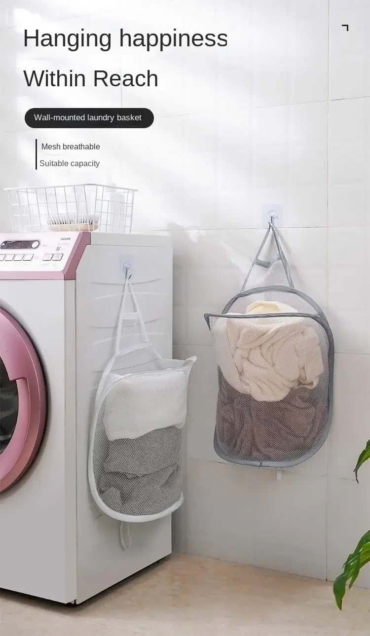 Panier de rangement pour linge pliable, en maille grise, monté au mur, avec doublure blanche en tissu et poignées renforcées, comme organisateur de rangement pour le linge