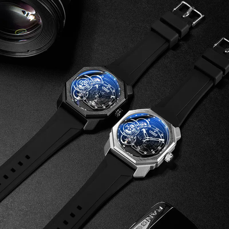 Two luxury automatic skeleton mechanical watches for men with octagonal cases in black and silver feature intricate blue dial movements and black rubber straps.