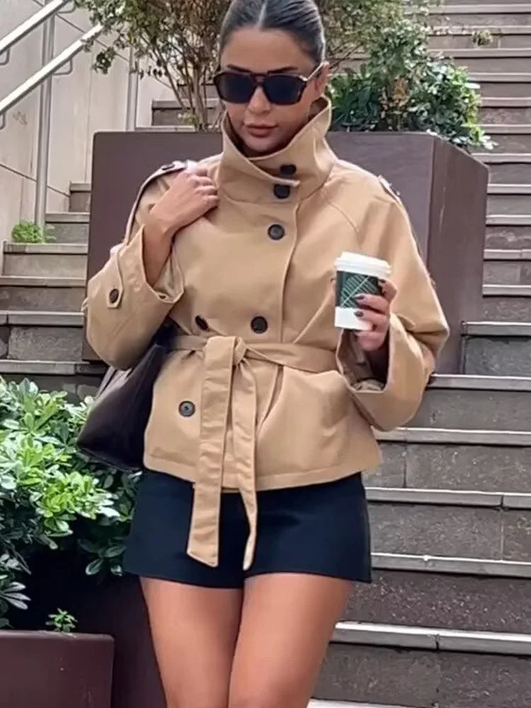 HH Female New Fashion Double-breasted Lace-up Trench Pockets Coat Long Sleeve Jacket Women Autumn Casual Street Short Coat