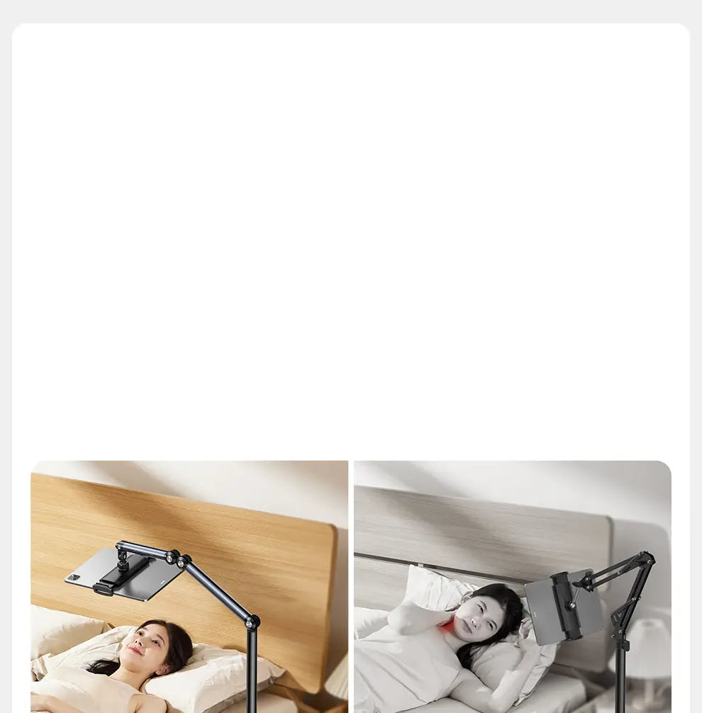 Black adjustable tablet stand with articulated arm and flat clamp base made of aluminum alloy for secure mounting on desks and floors.