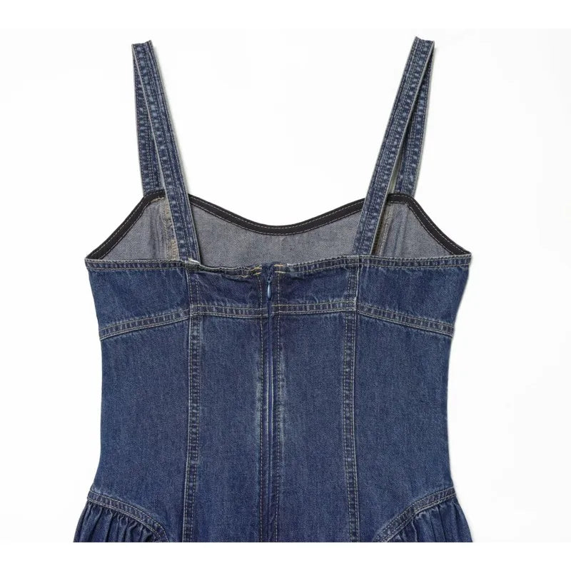 Women Denim Slip Dress with Flared Hem Fashion Casual Backless Sleeveless A-line Dress Female Vacation Style Dresses