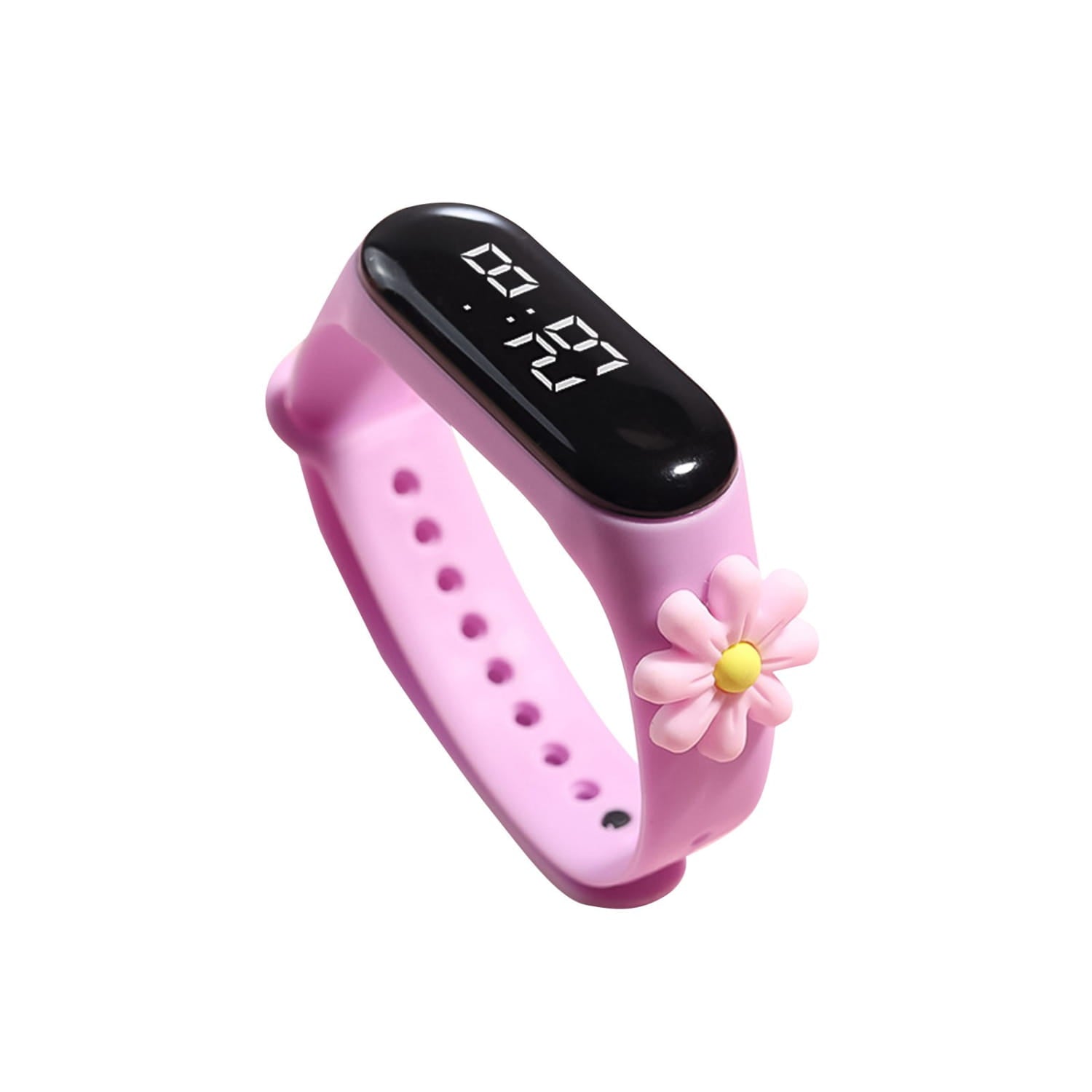 pink silicone kids digital watch with a black digital display showing the time and a pink flower charm, featuring life waterproof material type.
