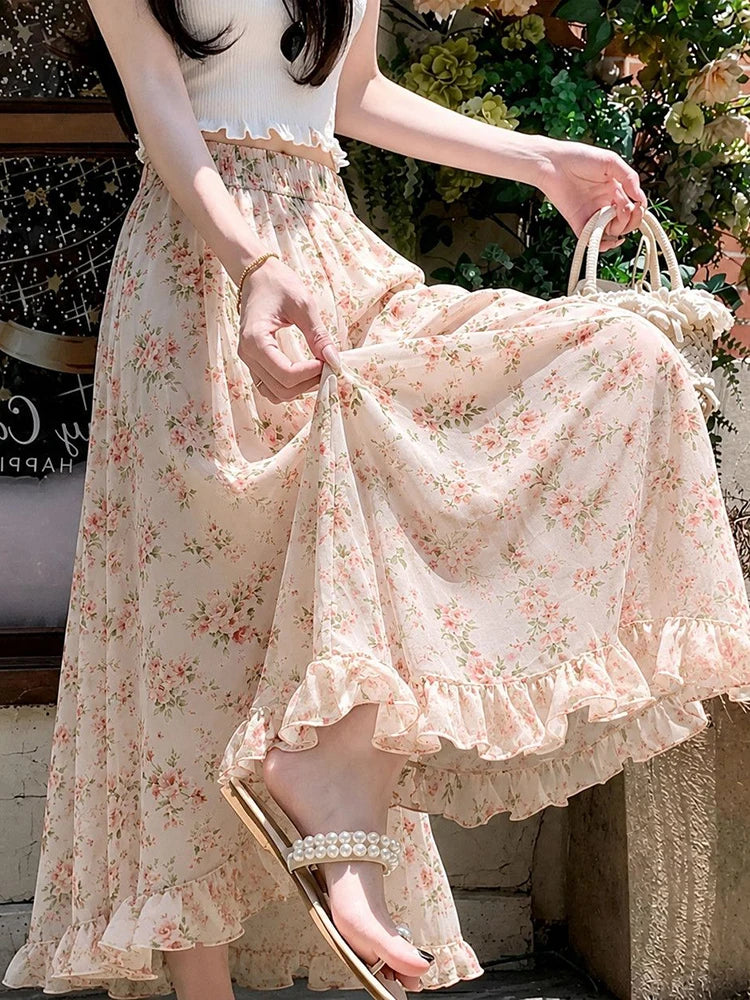 Chic Floral Sweet Wide Leg Pant Women Loose Fashion Elegant Cute Ruffles Trousers Summer High Waist Oversize Female Ins Pants