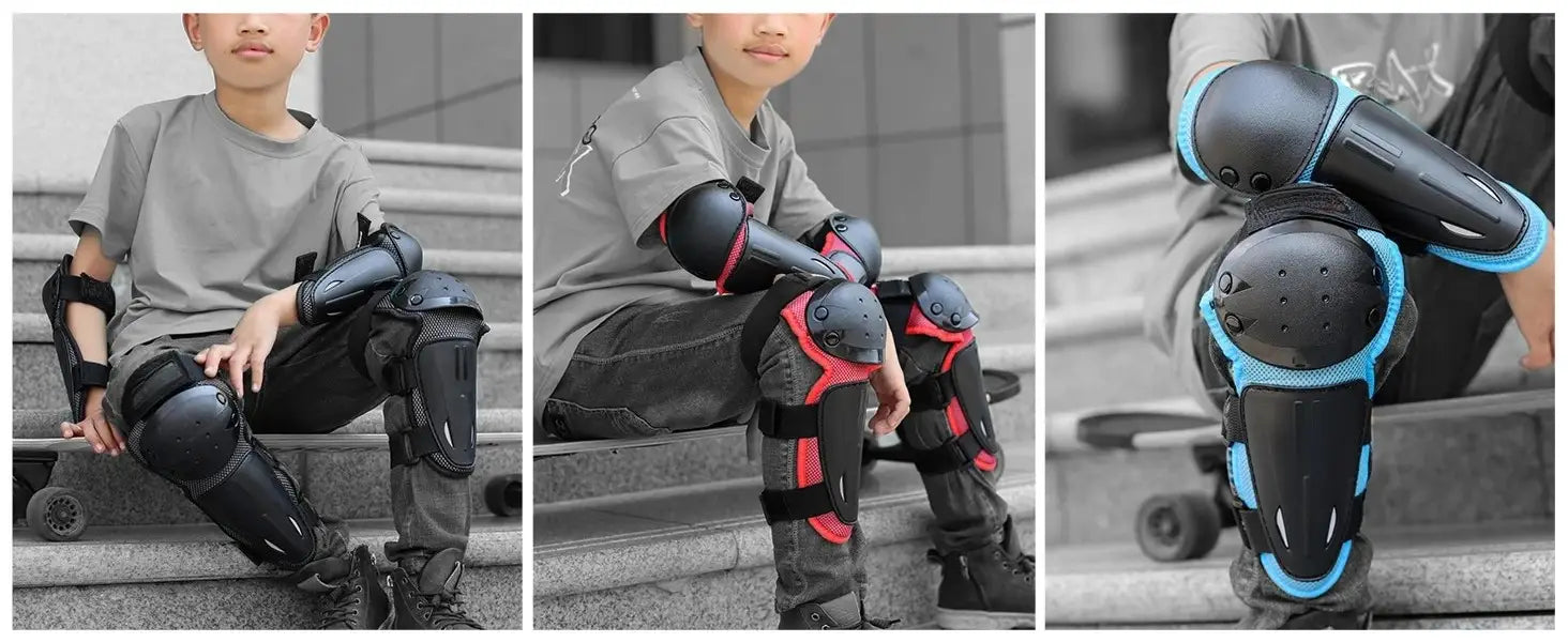 Rodilleras negras y rojas con acentos azules, diseñadas como juego de protección para niños para ciclismo y patinaje, que proporcionan protección y comodidad duraderas