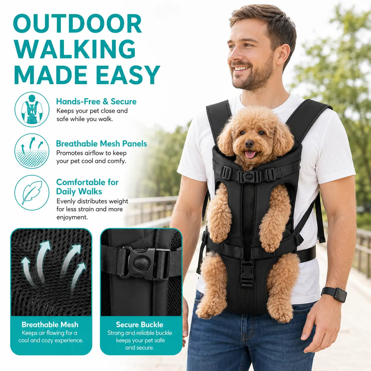 Sac à dos de transport pour chien en maille noire avec bretelles réglables et boucle de fixation sécurisée, pour les promenades en plein air mains libres dans un design de sac à dos respirant pour animaux.