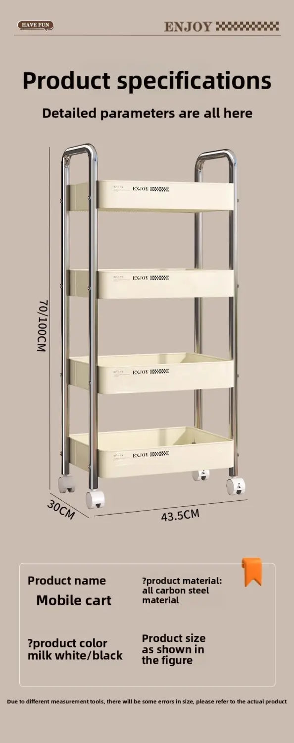 Ein elegantes Rollregal mit vier Ebenen mit milchweißem und schwarzem Carbonstahlrahmen sowie mehrstufigen Kunststoff-Organizer-Tabletts
