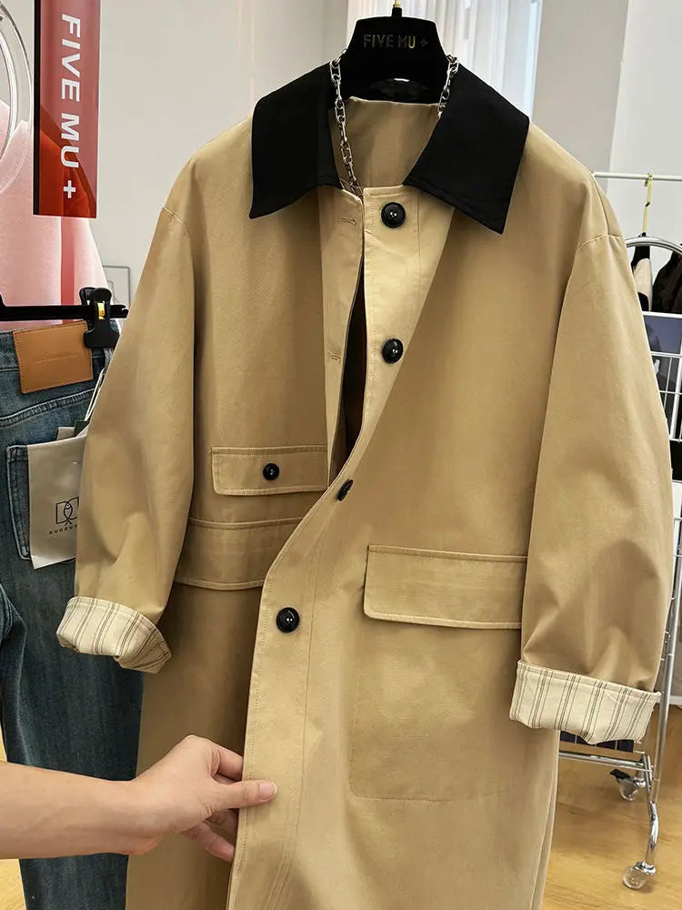 2025 new high-end  contrasting color lapel long trench coat women's spring and autumn loose casual foreign style tooling jacket