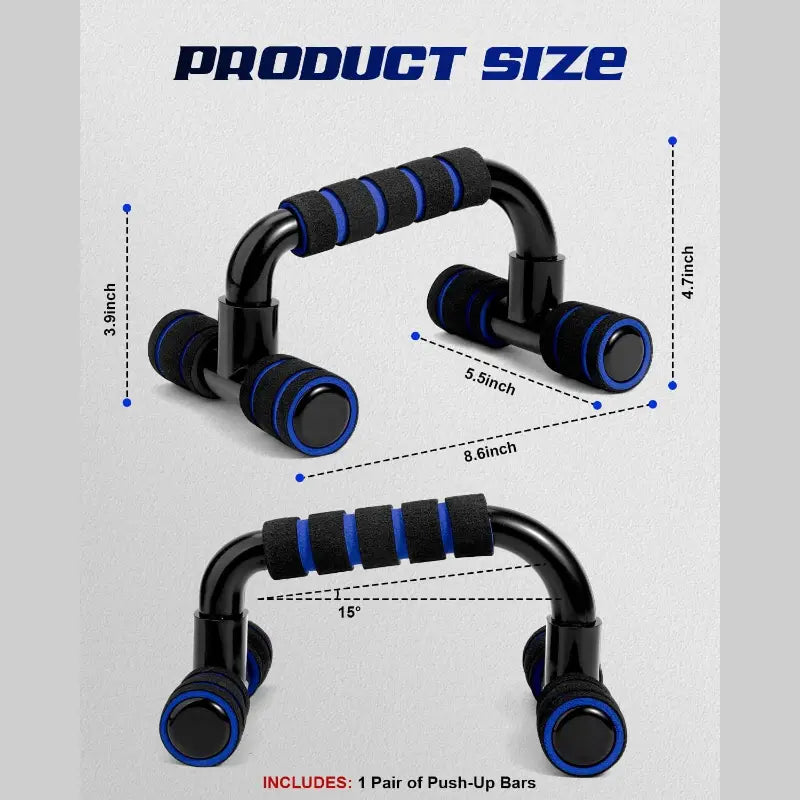 Barras de flexiones en forma de H para entrenamiento de fuerza en negro y azul con agarres acolchados y ruedas ajustables para mejorar la estabilidad y la comodidad.