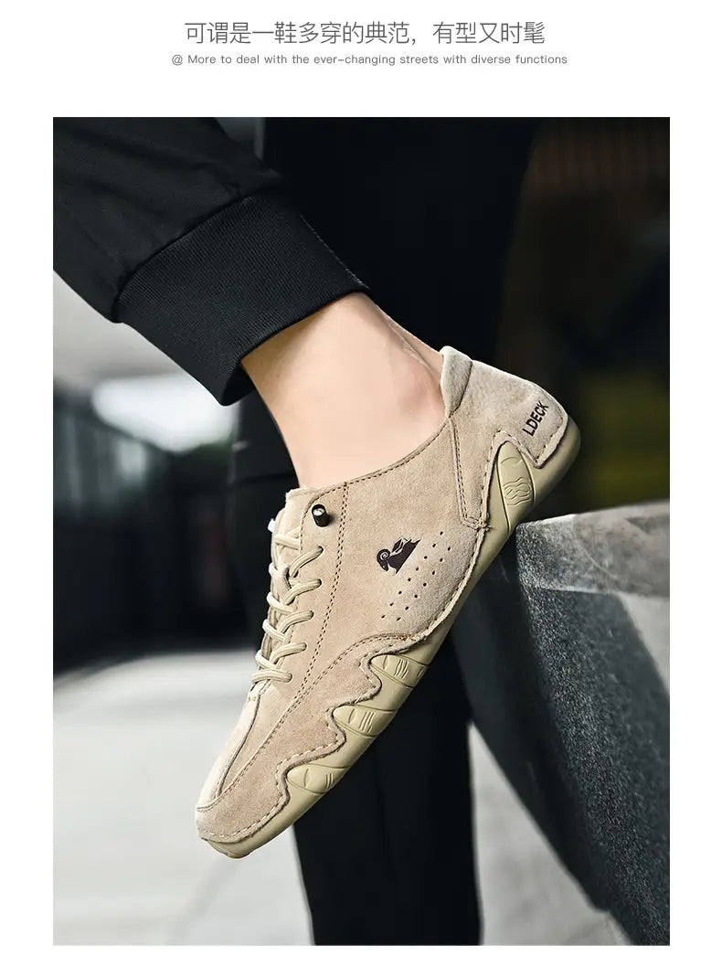 Beige suede and rubber men high top leather casual sneaker with a subtle black logo on the side.