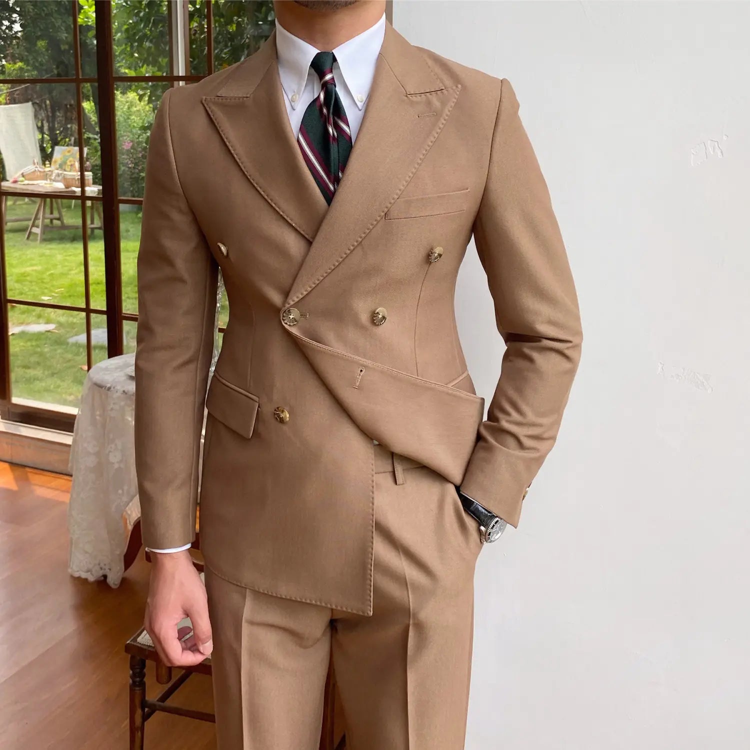 SKU_13_驼色 单西装.jpg Beige double breasted slim fit blazer jacket for men featuring gold toned buttons and tailored fit.