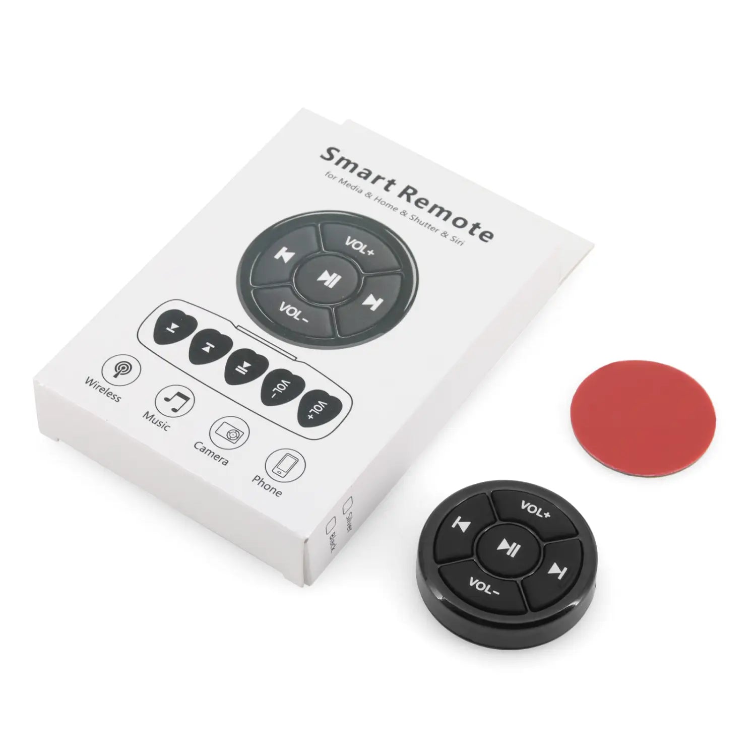 black circular wireless steering wheel bluetooth media remote control with volume and media control buttons