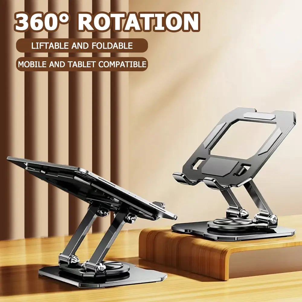 black sleek metal rotatable tablet stand with 360-degree rotating design adjustable foldable stand adjustable foldable for tablets and phones