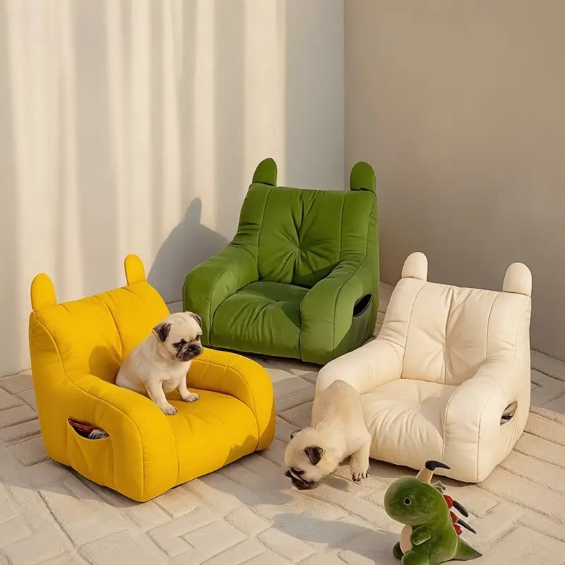 Yellow plush cat sofa bed with ear-like handles and side pocket made in mainland China.