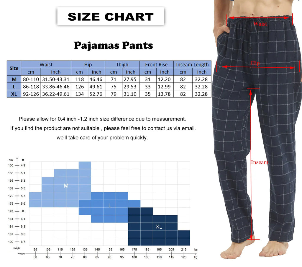 Men's Flannel Pajama Pants Plaid Cotton Warm Comfy Sleepwear with Drawstring Pockets And Button Fly - Lounge Bottoms M-XL