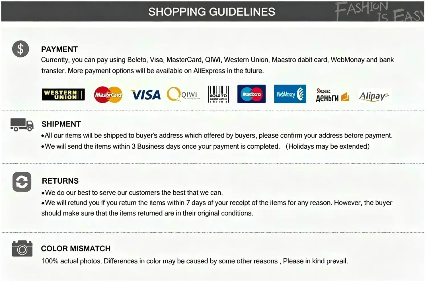 Página de directrices de compra para camiseta de algodón oversize con pájaro bordado que describe políticas de pago, envío, devoluciones y discrepancia de color, con logotipos de tarjeta de crédito y métodos de pago.