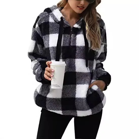 Women Plaid Sweatshirts Casual Hoodies Fuzzy Patchwork Long Sleeves Loose Fit Slight Strech Thick Office Lady Retro Hooded
