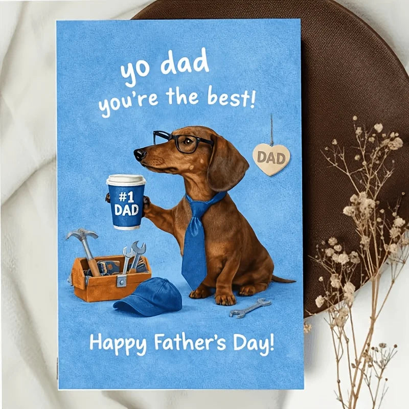 1 Fun Father's Day Greeting Card with a Red Envelope, Featuring a Long Dog Wearing Glasses and a Tie Holding a Number 1, with a Coffee Cup and Tools on the Side, with the Text "Yo Dad You'Re the Best," Perfect for Dad, a Cute