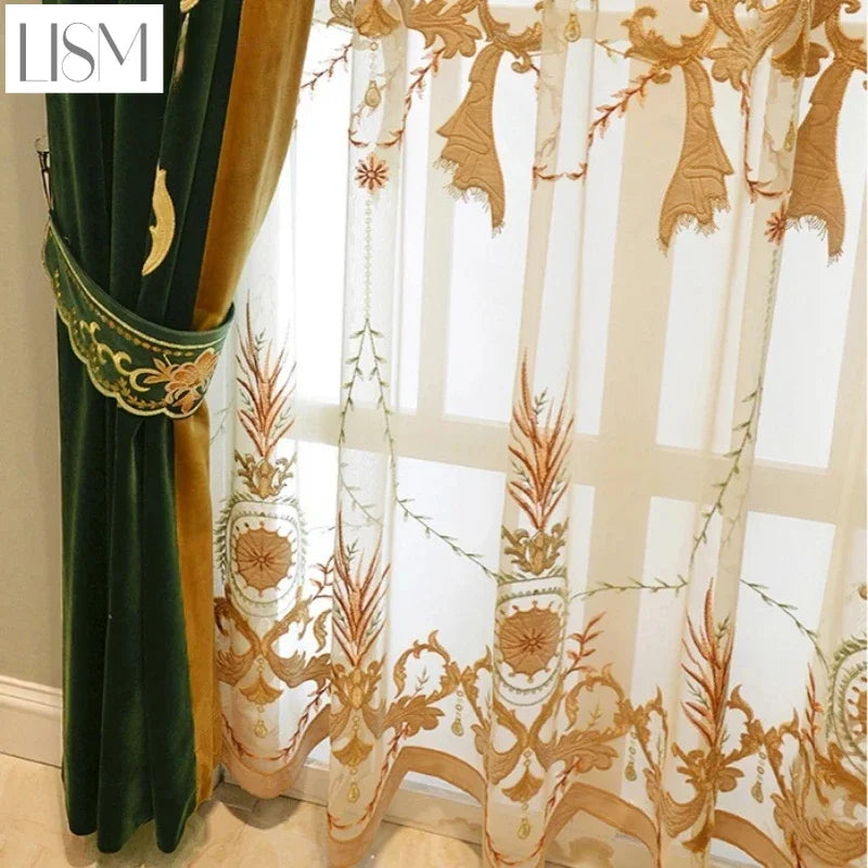 European Luxury Curtains for Living Dining Rooms Bedroom Home Textile Fabrics French Green Velvet Embroidered Curtains for Villa