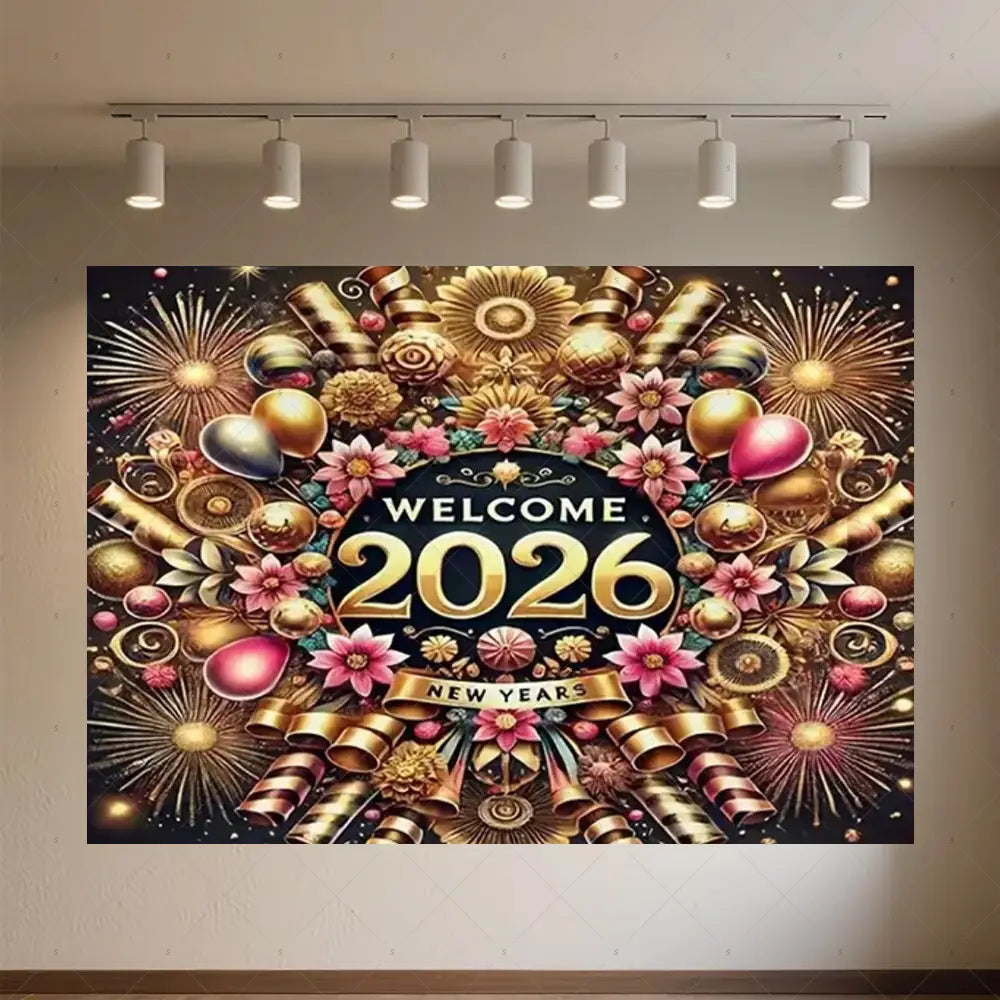 Fond de photographie vibrant pour le Nouvel An « 2026 » en noir et or à paillettes, avec feux d’artifice dorés, ballons roses et dorés, motifs floraux et accents métalliques.