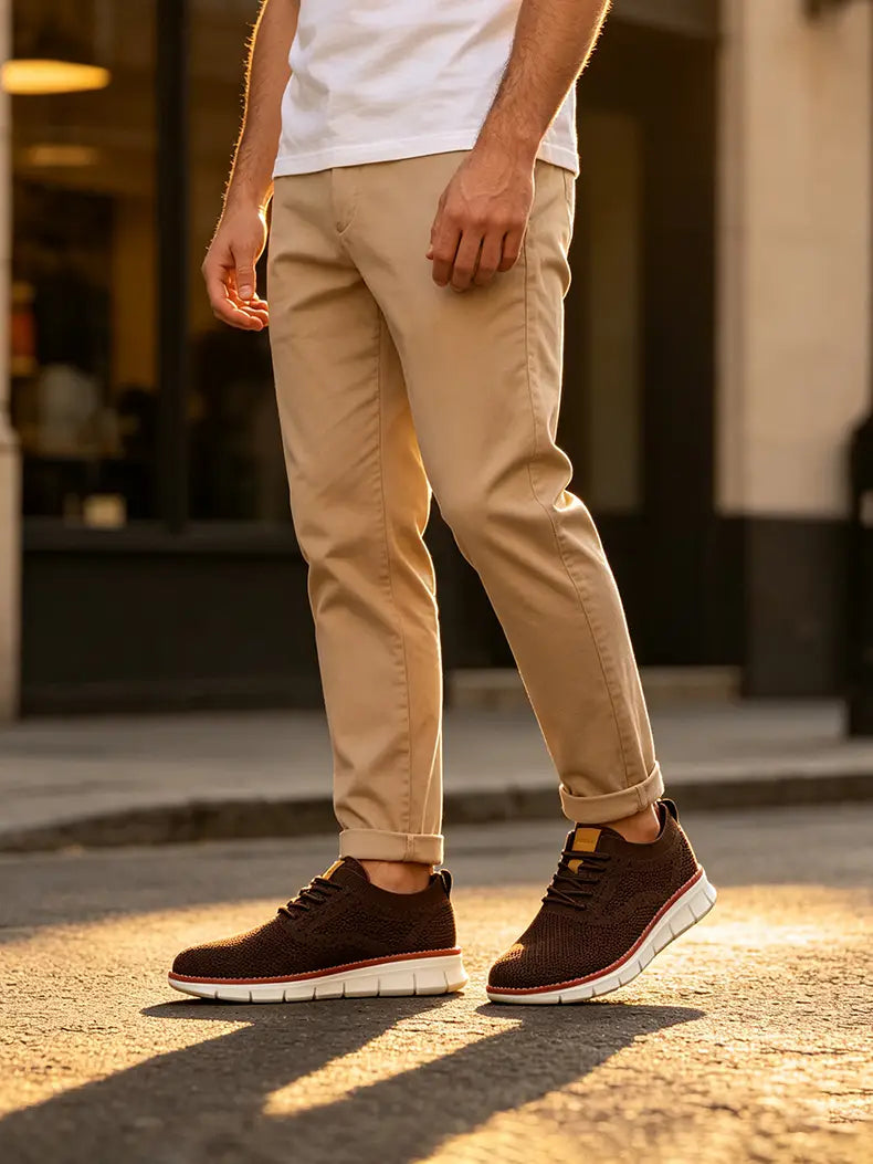 Zapatillas casual de punto marrones para hombre con material transpirable, suela de goma blanca y sutiles costuras naranjas para caminar y para el uso diario