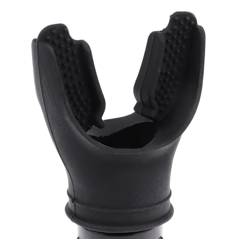 Black silicone snorkel mouthpiece with textured grip enhancing surfaces for lung capacity training device respiratory fitness tool