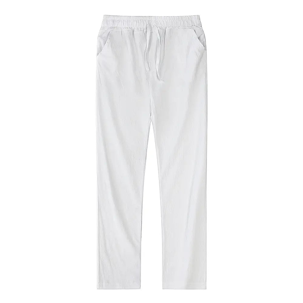 White cotton linen drawstring men trousers with a relaxed fit and side pockets breathable casual pants.